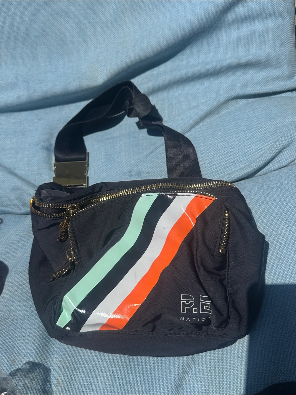 P.E Nation Black Belt Fanny pack with Mint White &Orange Stripes Gold buckle
